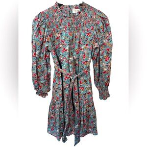 Olivia James The Label Floral Mini Dress ls smocked XS Boho Belted gardencore